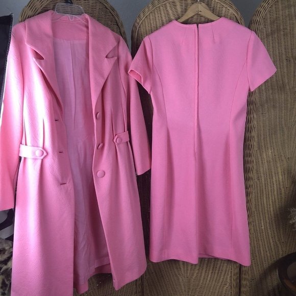 VTG MOD 60s 70s SET Edith Flagg sz S/M Dress & Coat RARE Diolen Loft pink Barbie - Picture 1 of 12